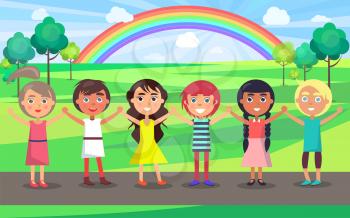 Kids with raised hands celebrate in June international children s day in park with green trees and colorful rainbow vector illustration