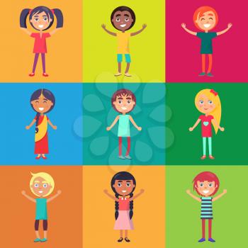 Active and happy kids from various countries moving on colorful background vector poster. Childhood celebrating time template