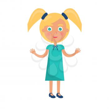 Blonde girl with two ponytails in happy childrens day concept. Vector illustration with kid, postcard to international holiday for youth