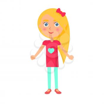Little girl with blonde hair and red bow isolated on white. Poster dedicated to international holiday, national universal childrens day