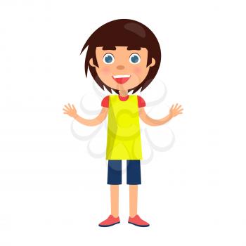Boy with blue eyes wishes happy childrens day. Smiling cartoon female character greets children with international holiday