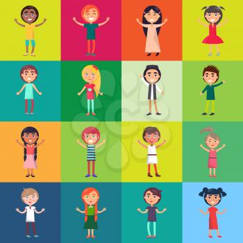 Active children isolated on colorful backgrounds. Celebrating international children s day vector poster in flat design.
