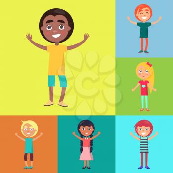 Afro-american smiling boy and happy kids from various countries on colorful background vector poster. Childhood celebrating time template