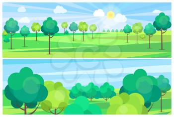 Picturesque scenery landscape with blue river and green trees growing on banks. Vector illustration of clean environment with nice weather