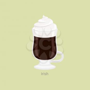 Glass irish mug with aromatic coffee flat vector. Hot invigorating drink with caffeine. Cocktail with alcohol, black coffee and ice cream or whipped cream on top illustration for web, cafe menus