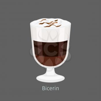 Bicerin traditional italian hot drink on gray background. Hot beverage made of espresso, drinking chocolate and whole milk served layered in small rounded glass. Vector illustration in cartoon style.