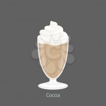 Delicious hot cocoa or drinking chocolate in oblong glass. Vector illustration of heated beverage with cacao powder, hotter milk or water, and sugar. Hot chocolate topped with whipped cream.