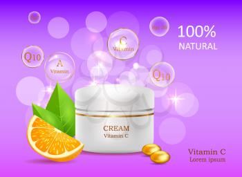 Natural cream with Vitamin A and C. Coenzyme energizer 20. Cream bank beside colored stones on purple background with signs. Advertisement of natural cosmetic tools. Means for skin care vector