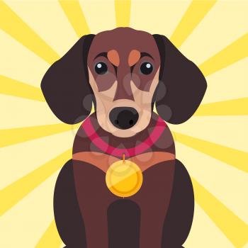 Brown dachshund close-up with gold medal on neck. Sitting German badger-dog with golden award on red ribbon isolated on striped yellow background. Vector illustration of dogs cartoon style design