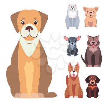 Cute doggies cartoon set sitting with smiling muzzle and hanging out tongue flat vector isolated on white. Lovely purebred pets illustration for vet clinic, breed club or shop ad