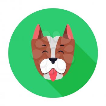 Funny muzzle of Staffordshire Terrier flat and theme on green circle background. Happy hound shows red tongue, short ears planted high. Vector illustration of dogs breed deduced in United States.