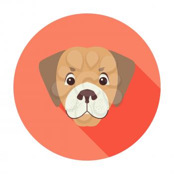 Cute dog muzzle cartoon icon. Funny brown puppy head in color circle flat vector isolated on white background. Lovely purebred pet illustration for animal friend concept, shop or veterinary clinic ad