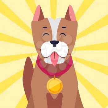 Cute dog with gold medal on neck. Happy dog champion with award on collar flat vector on colorful background with rays. Lovely purebred pet competition winner illustration for animal friends