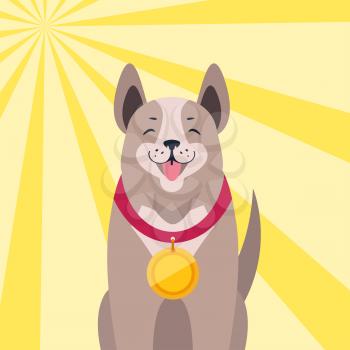 Happy cute dog champion with gold medal award on neck on colorful background with rays. Lovely purebred pet competition winner flat vector illustration for animal friends