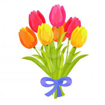 Beautiful bouquet of seven multicolored tulips flat design on white background. Spring flowers with long green leaves decorated blue bow. Vector illustration hand drawn pattern graphic icon.