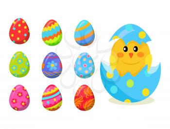 Colorful fluffy spring yellow newborn chick hatched from shell and collection of decorated eggs isolated on white background. Mascots of Easter celebration, symbols of new life vector illustration.