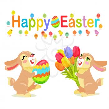 Happy Easter greeting card design. Milk chocolate bunnies with tulips and decorated easter egg as presents isolated on background. Vector illustration of sweet gifts on easter. Nice sweetness mascots