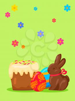 Easter festive concept with traditional holiday meals. Paschal kulich cowered glaze, bright painted eggs and chocolate bunny vector on flowery background. Easter sweets illustration for greeting cards