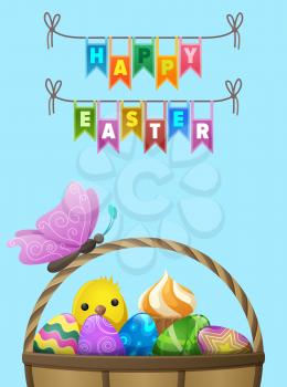 Happy easter flyer. Butterfly seating on handle of wicker basket full of bright painted eggs, cupcake and little chicken vector. Easter festive concept for wrapping paper, greeting card design