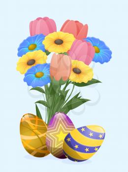 Bouquet of spring flowers tulips and zinnia and decorated easter eggs isolated on white background. painted eggs with ornamental multi-colored paints. Vector illustration easter greeting card
