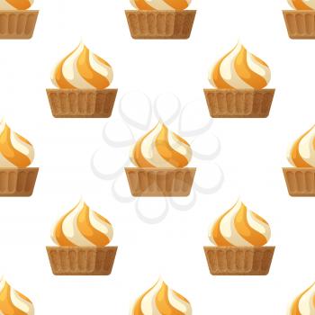 Cupcake with cream seamless pattern. Cake with waffle and caramel or marshmallow flat vector on white background. Creamy muffin cake illustration for wrapping paper, prints on fabric