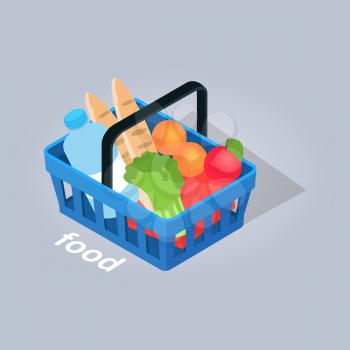Food in basket from grocery store with loafs of bread, fresh fruits and vegetables and big bottle of water isolated on grey background. Food shopping online at home. E commerce vector illustration.