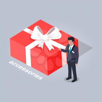 Accessories in big red box with white bow and businessman who stands beside and points at it isolated on white background. E commerce advertising vector illustration. Make purchases in Internet.