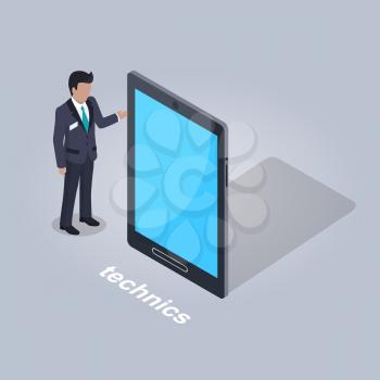 Technics isolated icon. Businessman in suit stands and points on big tablet on grey background. E commerce advertising vector illustration. Modern device for convenient use of shop online apps.