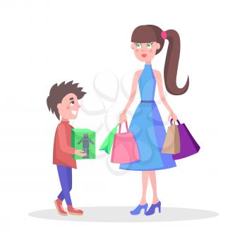 Family shopping cartoon concept isolated on white background. Beautiful woman make purchases with child flat vector illustration. Mother buying gifts on winter holiday sale with teenager son
