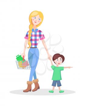 Family shopping cartoon concept isolated on white background. Beautiful hipster woman make purchases with child flat vector illustration. Young mother buying goods in supermarket with little son