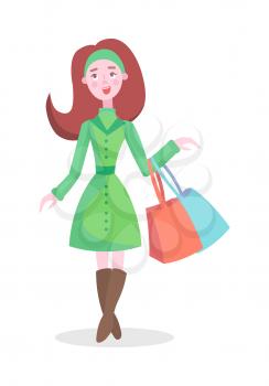 Joyful woman with colorful paper bags vector illustration. Holiday shopping flat concept isolated on white background. Female cartoon character make purchases icon. Buyer girl on seasonal sale   