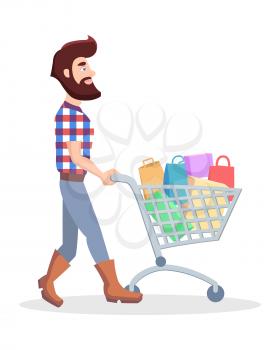 Bearded hipster with shopping trolley full of goods vector illustration. Holiday shopping flat concept isolated on white background. Male cartoon character make purchases in supermarket icon