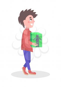Smiling teenager walking with gift in box vector illustration. Holiday shopping in electronics store flat concept isolated on white background. Boy buying robot toy. Kid make purchases on sale