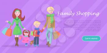 Family shopping banner. Young man and woman make purchases with kids cartoon flat vector illustration. Father and mother buying gifts on holiday sale with son and daughter
