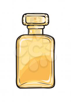 Fashionable perfume in glass yellow flask close-up on background. Luxury fragrance in beautiful bottle. Vector illustration of fashion. Perfumery icon for infographics, websites and app.