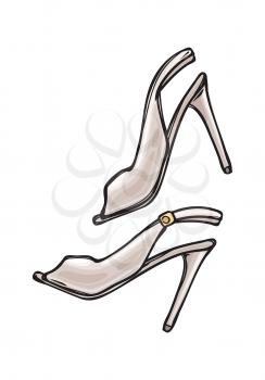 Women s shoes with open toe in cartoon art style on background. Pearl footwear for woman. Vector illustration of fashionable stiletto shoes icon for infographics, websites and app.