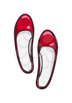Red glossy ballerina flat shoes isolated on background. Fashionable women footwear for glamorous look. Vector Illustration of elegant and comfortable footgear for every day outfit.