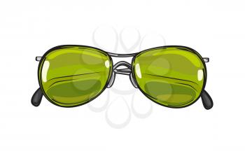 Fashionable sunglasses with green lenses isolated on background. Glamorous hipster spectacles for modern and elegant summer and spring looks. Vector illustration of trendy glasses.