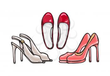 Three pairs of high heel shoes. Fashionable footwear. Lady's stylish footwear. Shoes for warm season. Red, pink and beige. Cartoon style. Flat design. Collection of different footgear. Vector