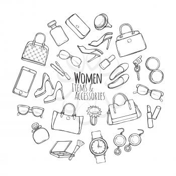 Patch of fashion accessories. Colourless. Woman items and accessories. Collection of bags, shoes, high heels, sun glasses, phones, car keys, watch and cosmetics in circle. Cartoon style. Vector