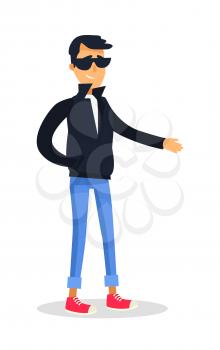 Cartoon isolated male person dressed in black jacket and glasses with one hand in pocket reaches for. Flat vector full length portrait of young unfair man with sly smile on face in cartoon style
