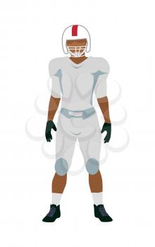 American football player in white and black uniform and helmet. White football equipment. Sport team game. Sportsman logo. Vector