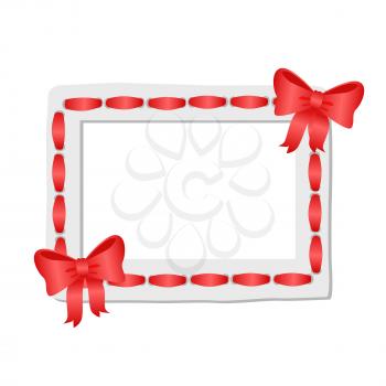 White frame with rounded edges decorated red ribbon and two ruddy bows. Vector illustration of pretty memory cadre isolated on white.