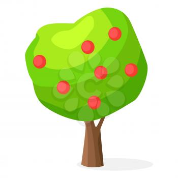 Luxuriant green apple-tree with red round fruits. Decorative element for cartoon game interface vector illustration isolated on white.