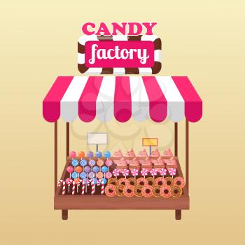 Candy factory stand with tasty donuts, creamy cupcakes and colorful lollipops isolated on yellow background. Delicious sweets for sale vector illustration. Striped trade tent with confectionary.