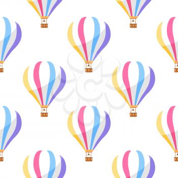 Airballoon with color stripes seamless pattern on white background. Vector illustration of object for travelling by air with basket endless texture. Wallpaper design with air means of transportation