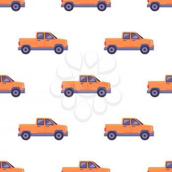 Transport vehicle seamless pattern, isolated orange classical pickup. Ecologically clean car with two doors. Useful and cheap mean of transportation. Four-wheeled automobile in cartoon style vector