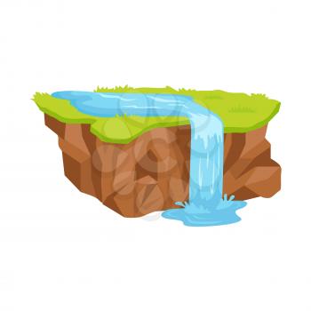 Piece of land with brown soil, green grass and blue river that turns into waterfall isolated on white background. Small landscape vector illustration. Cartoon ground section with all components.