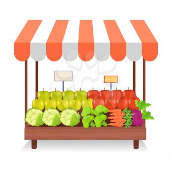 Trade tent with green and red apples, cauliflower, fresh broccoli, crispy carrots and sweet beet isolated on white background. Striped trade tent with healthy vegetables and fruit vector illustration.
