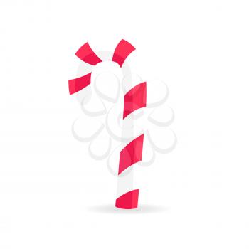 Striped candy stick in red and white colors isolated. Traditional Christmas lollipop vector illustration. Tasty dessert in flat design cartoon style, ornamental confectionary treat for children